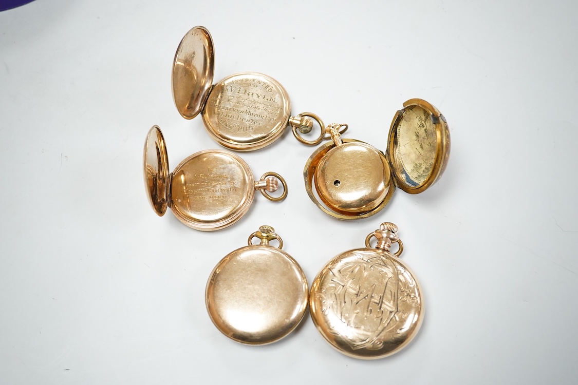 An early 19th century gilt metal pair cased keywind verge pocket watch by Matthew Derbyshire of Wakefield, with Roman dial, outer case diameter 48mm, lacking glass, together with four assorted gold plated pocket watches